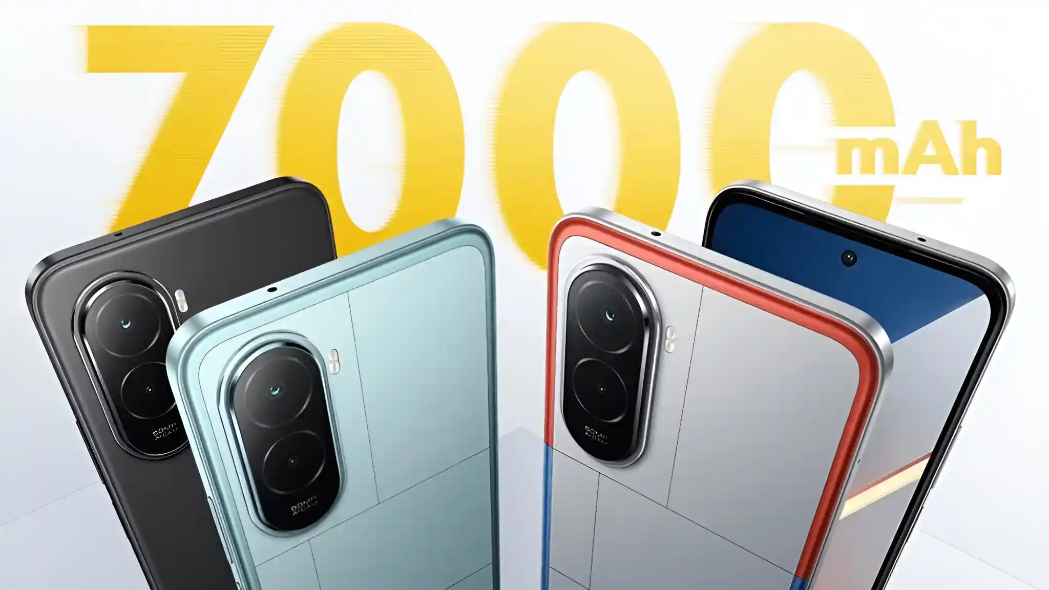 Three Poco M7 Plus 5G smartphones in different colors on display