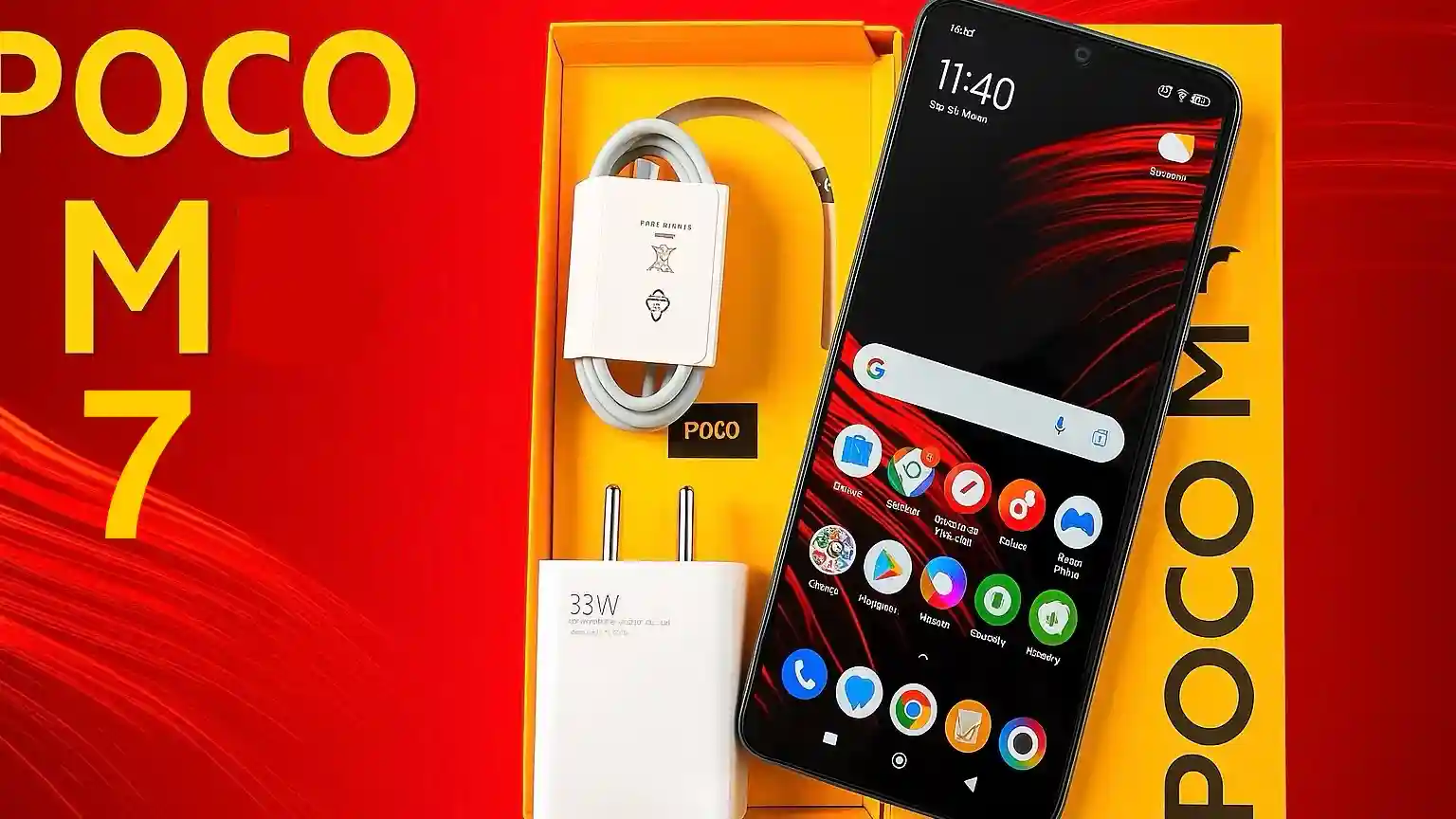 Poco M7 5G smartphone with its box and a charger 