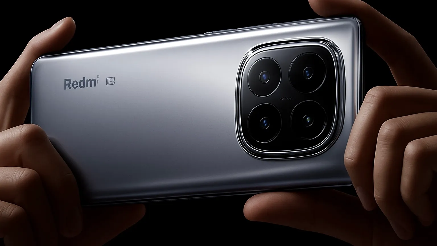 A person holding a silver Redmi note 15 pro smartphone with a large camera module