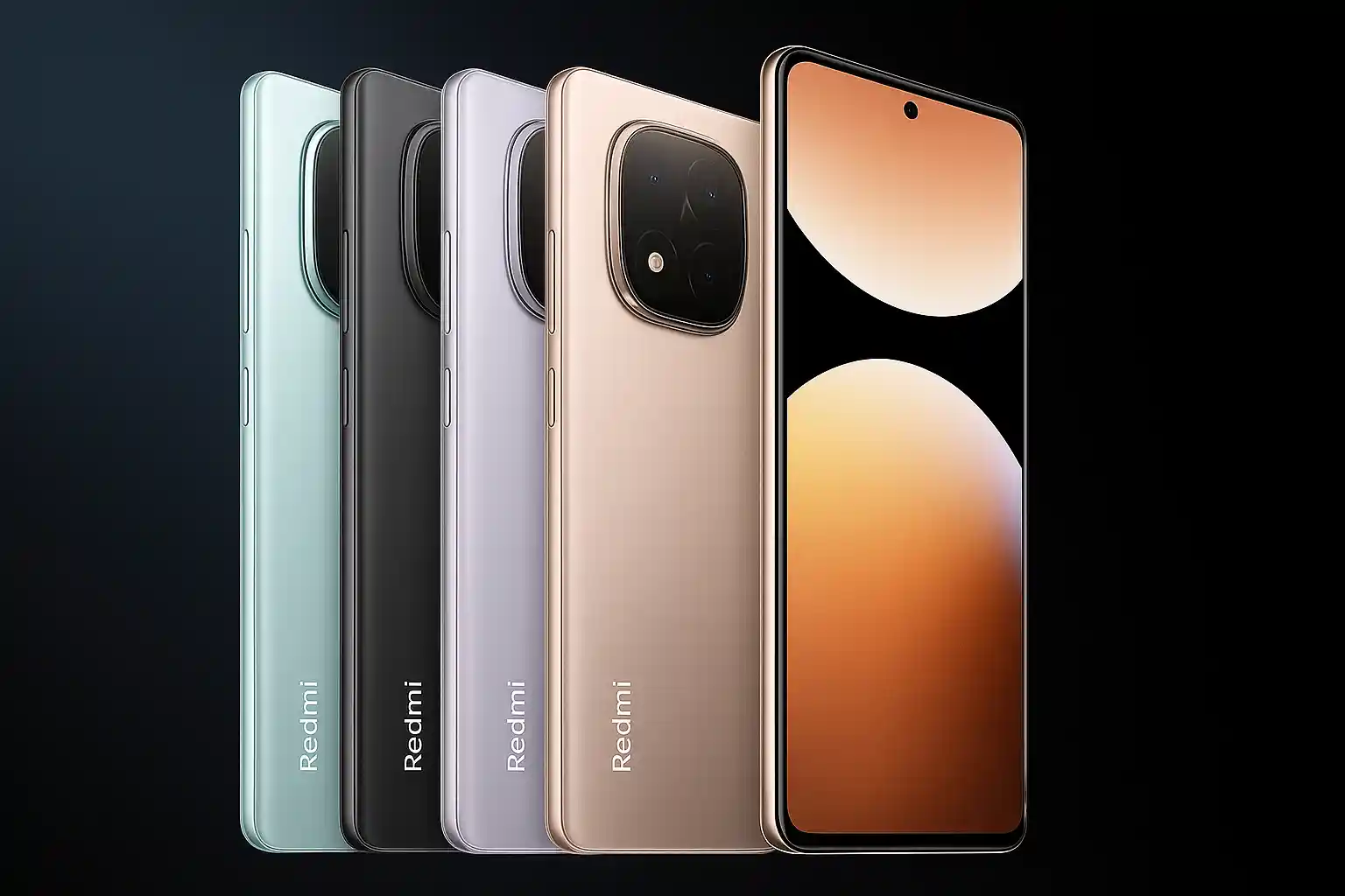 A row of four Redmi Note 15 Pro phones in different colors