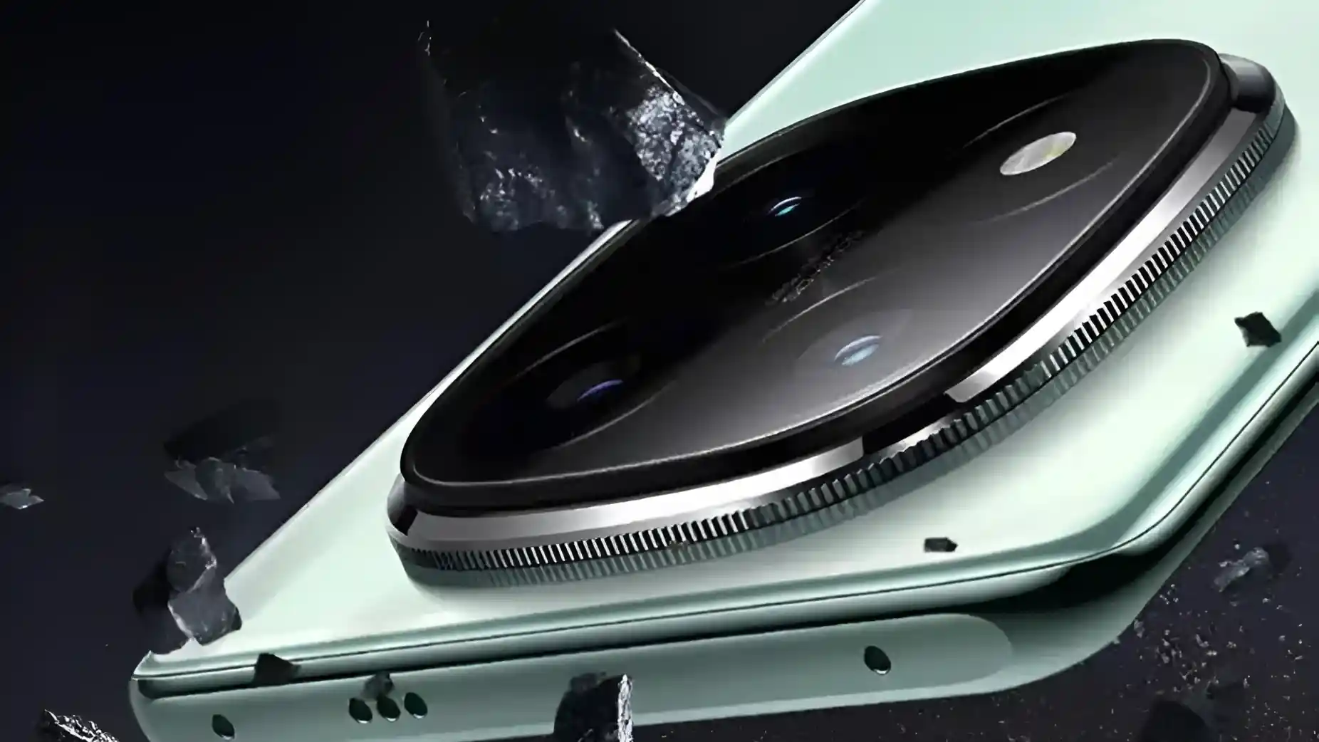 A close-up shot of a smartphone's camera lens breaking through a rock