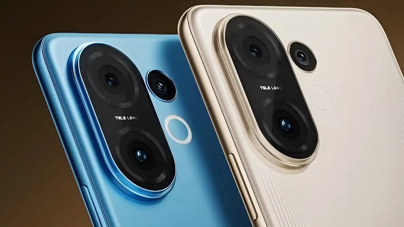 Vivo T4 Pro 5G rear camera setup with 50MP telephoto lens and Aura ring light in Nitro Blue and Blaze Gold colors