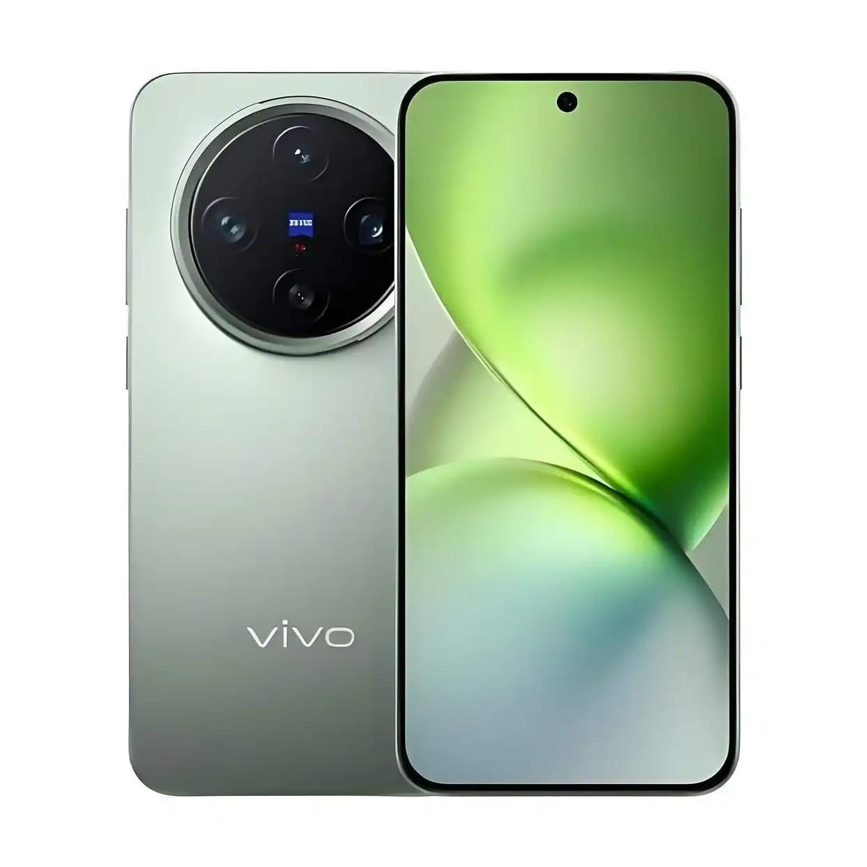 Leaked render of the Vivo X300 smartphone in a pale green color, showing both the flat display with a centered punch-hole and the large rear camera module