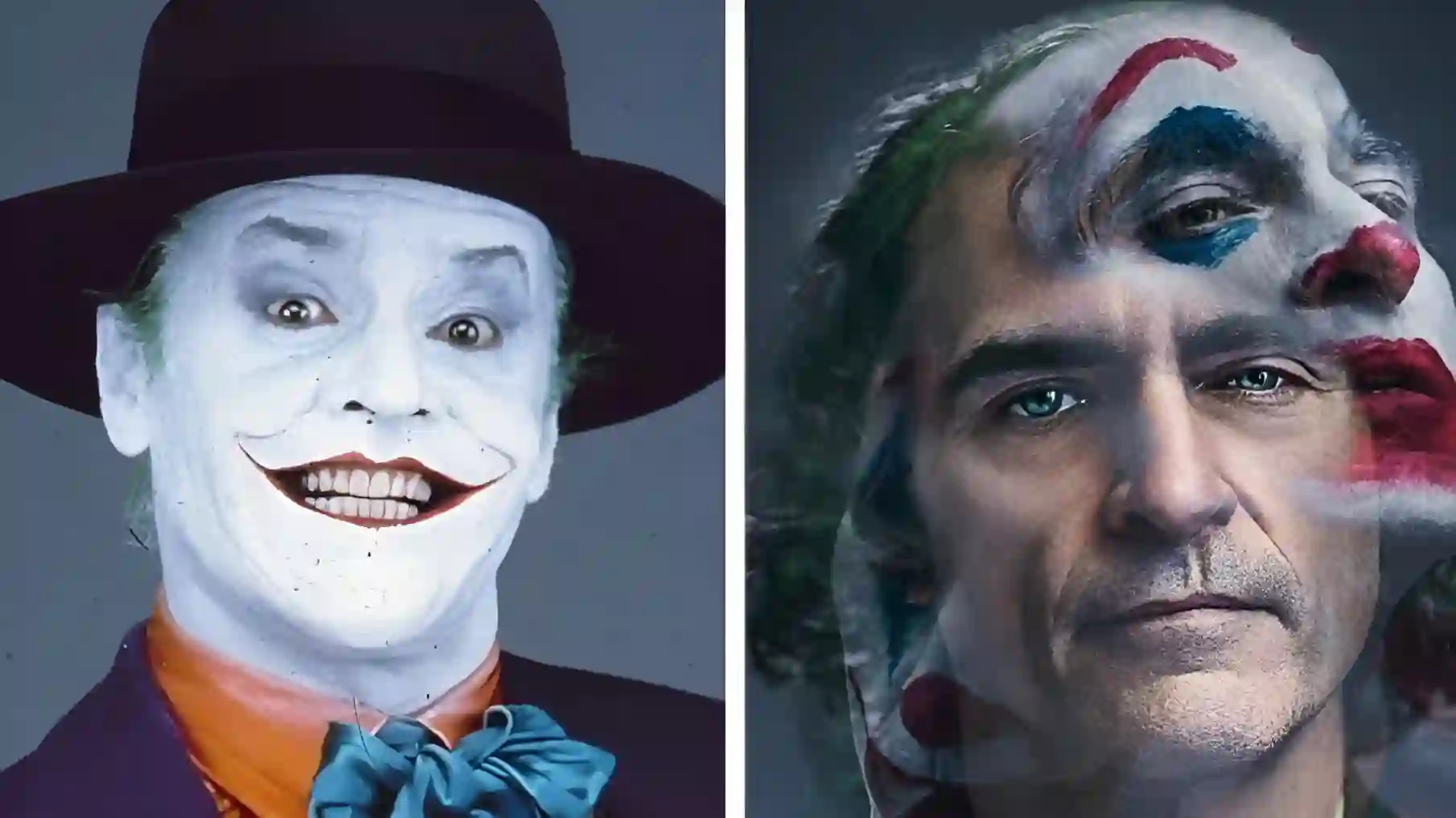 A split image of Jack Nicholson as Joker on the left and a multiple exposure shot of Joaquin Phoenix as Joker on the right
