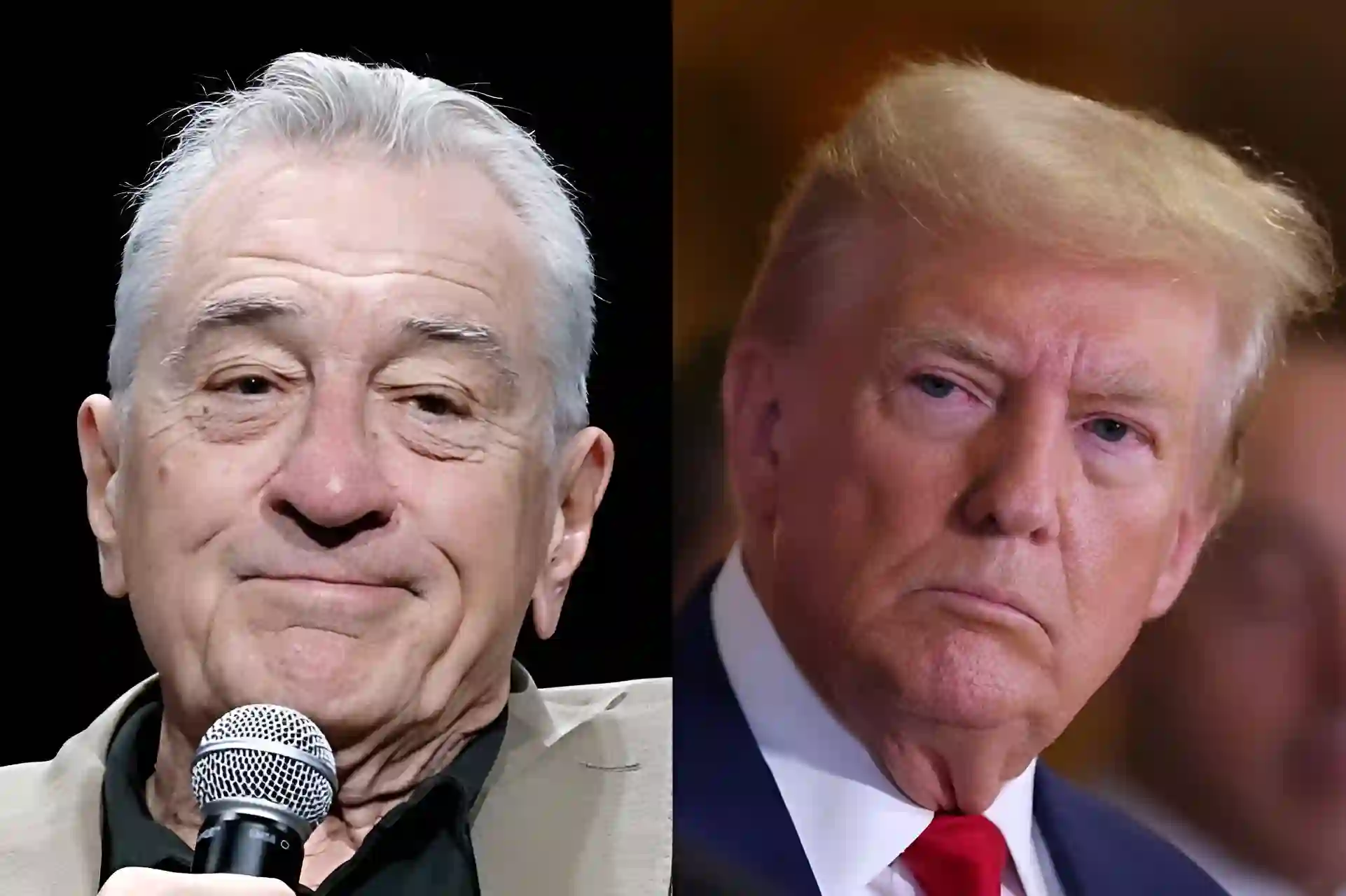 A split image of actor Robert De Niro on the left and Donald Trump on the right, with both looking at the camera