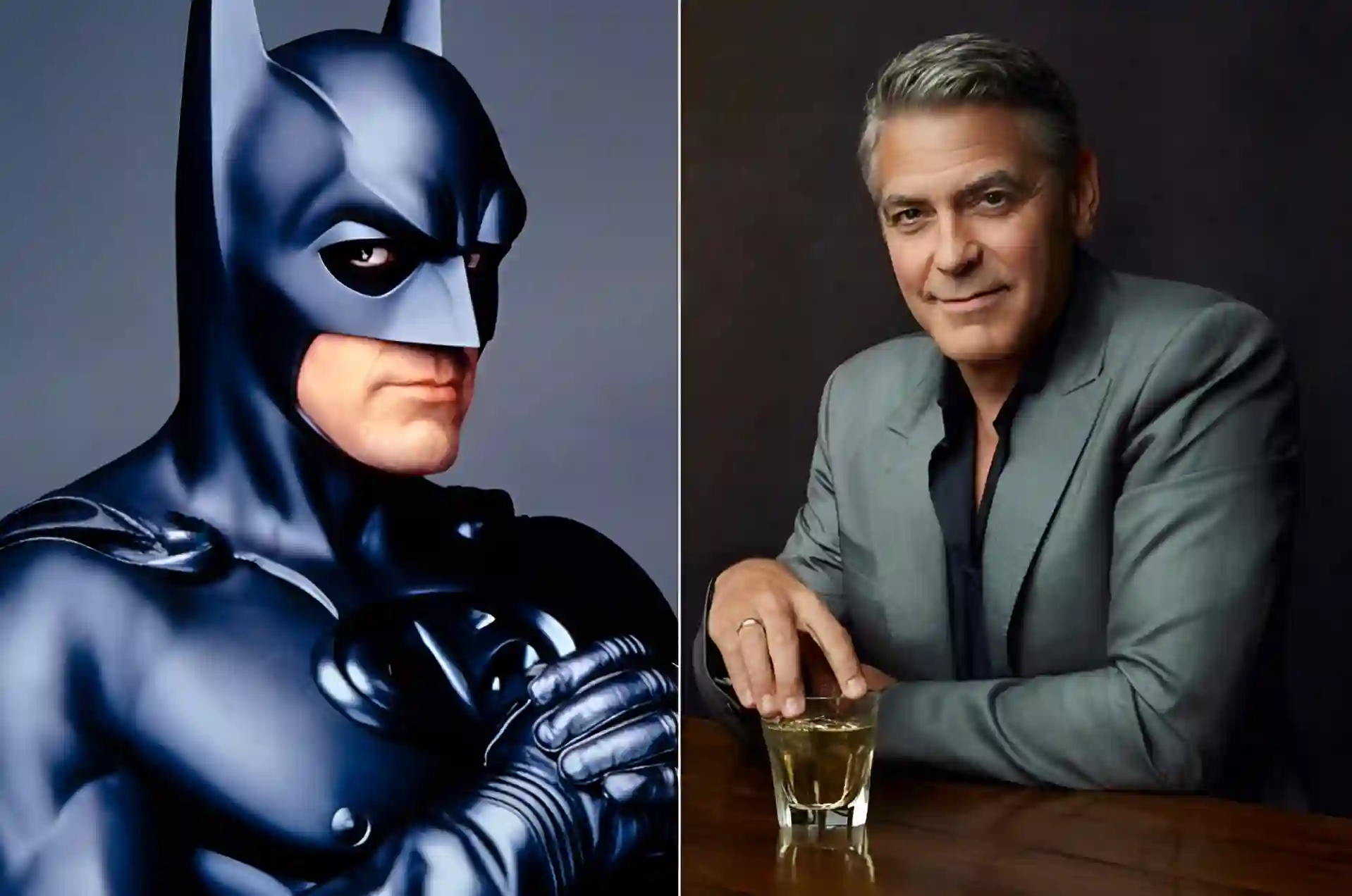 A split image featuring George Clooney as Batman on the left and George Clooney in a suit, holding a drink, on the right