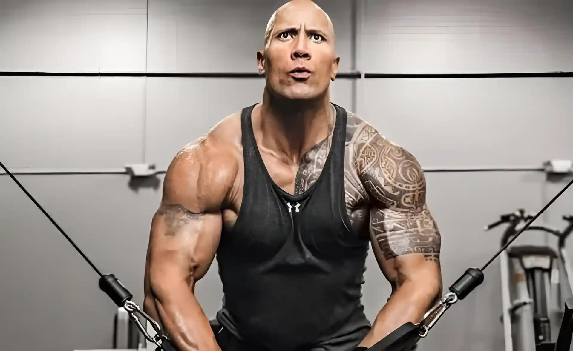 Dwayne 'The Rock' Johnson doing a chest workout, focusing intensely while using a cable machine