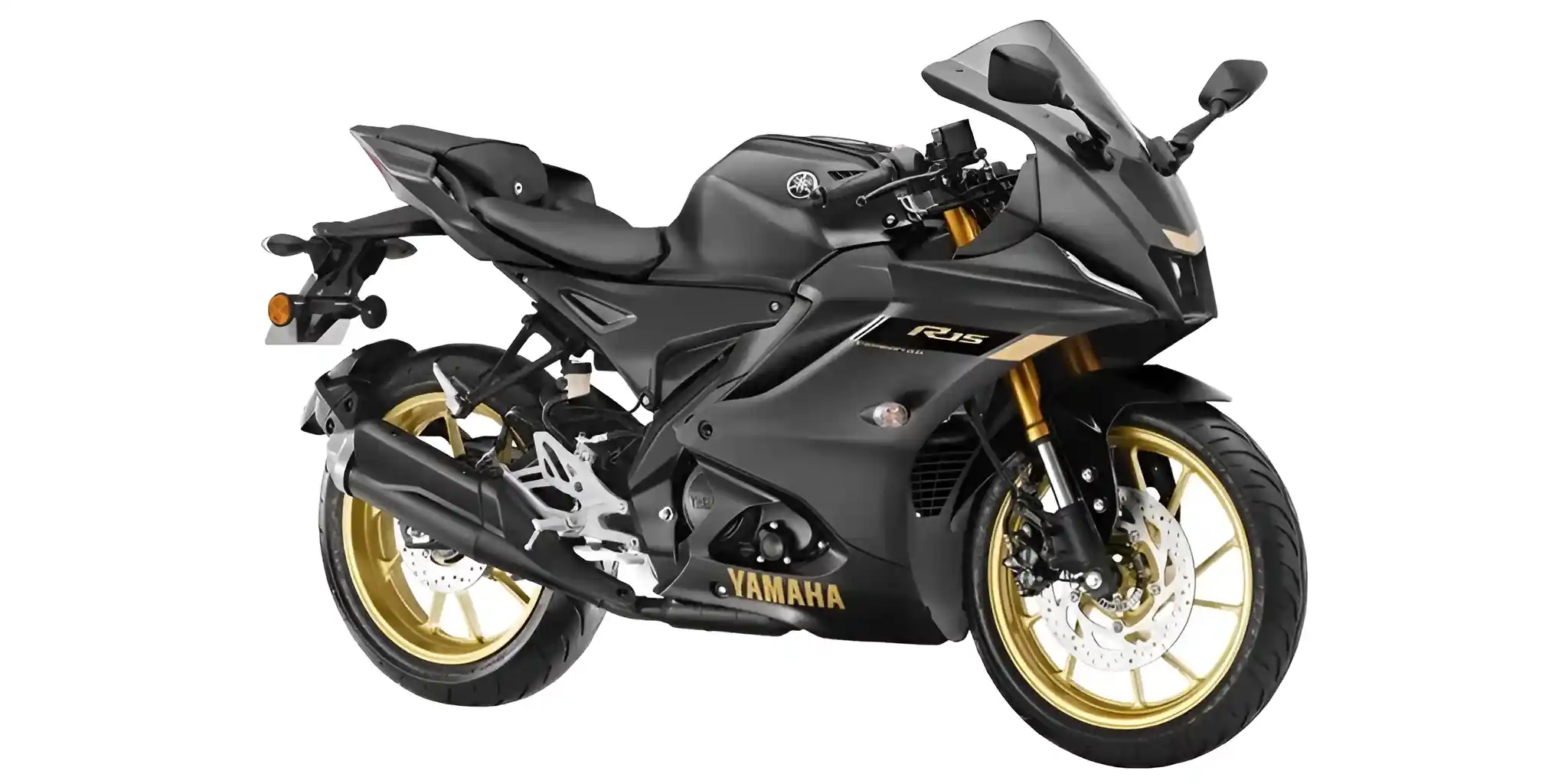 A high-resolution, full-side view of a matte black and gold Yamaha R15M sport motorcycle on a white background.