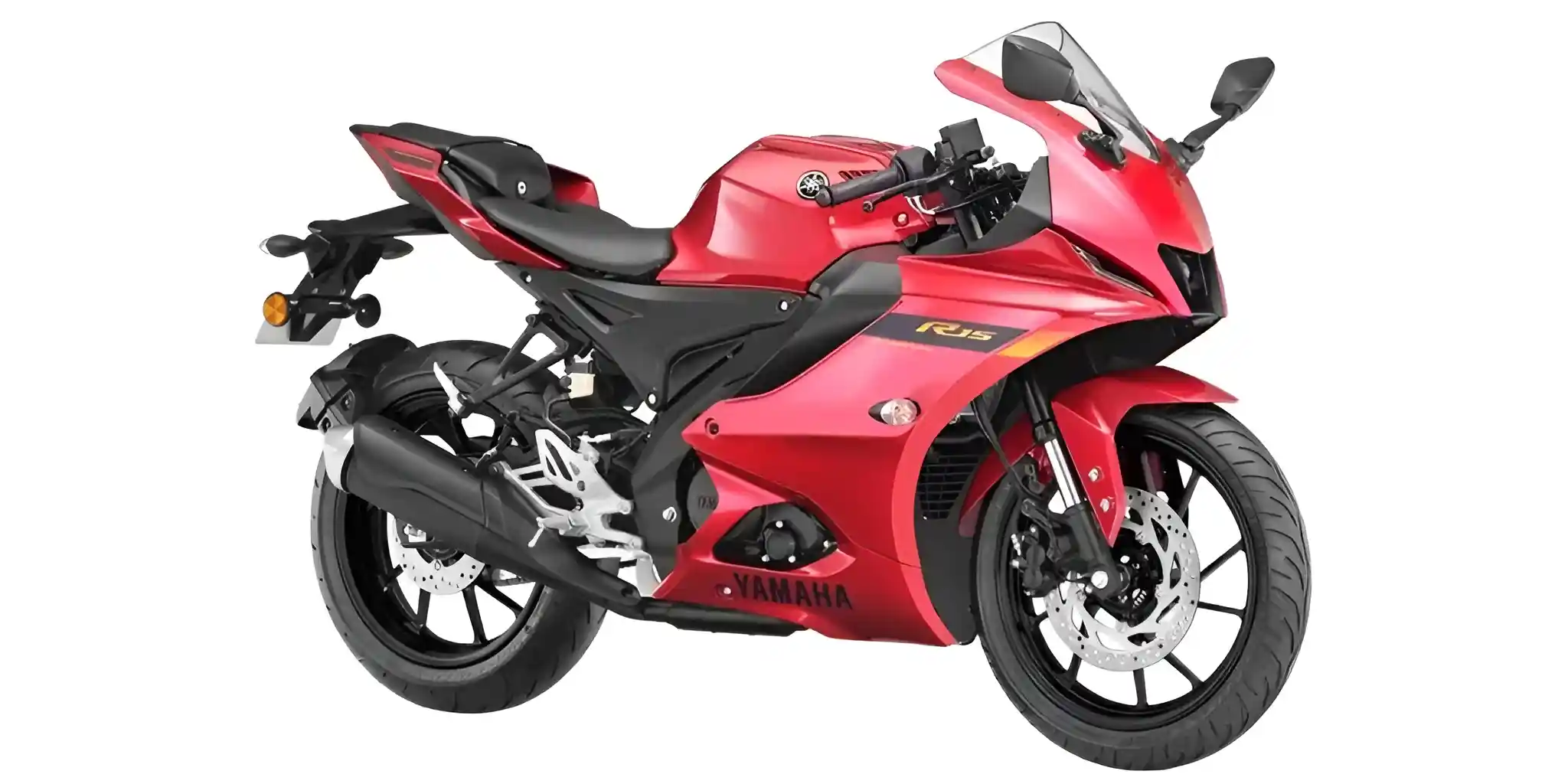 A side view of a glossy red Yamaha R15 v4 2025 sport motorcycle with black accents, parked against a white background