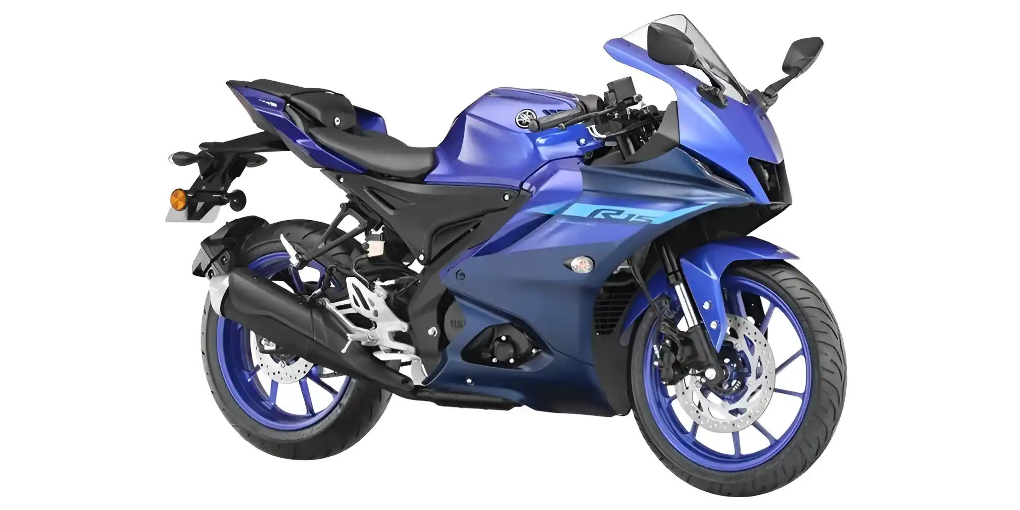 A side view of a Yamaha R15 Version 4.0 motorcycle in a metallic blue finish on a white background.