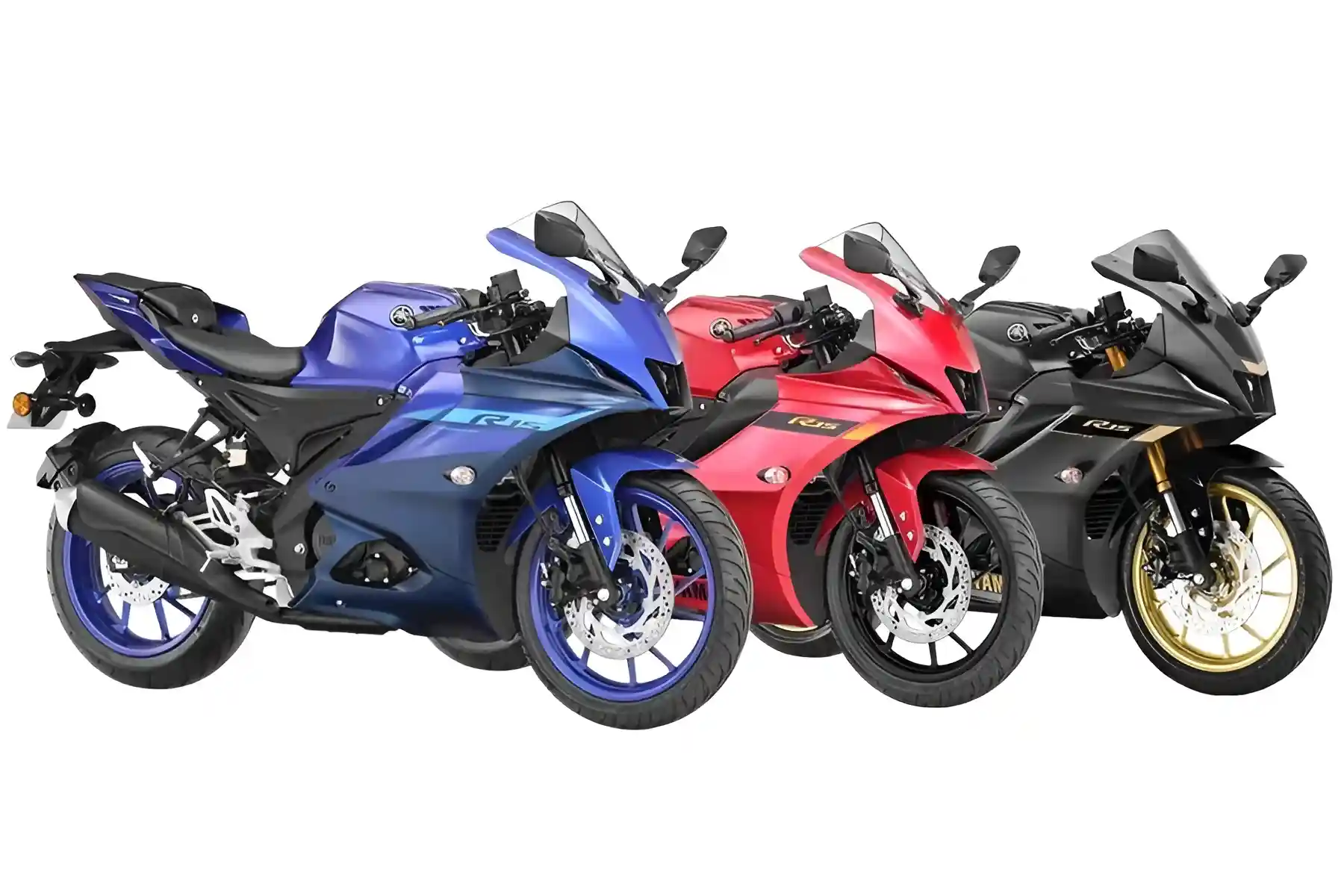 Three Yamaha R15 Version 4.0 motorcycles in blue, red, and black, lined up against a white background.