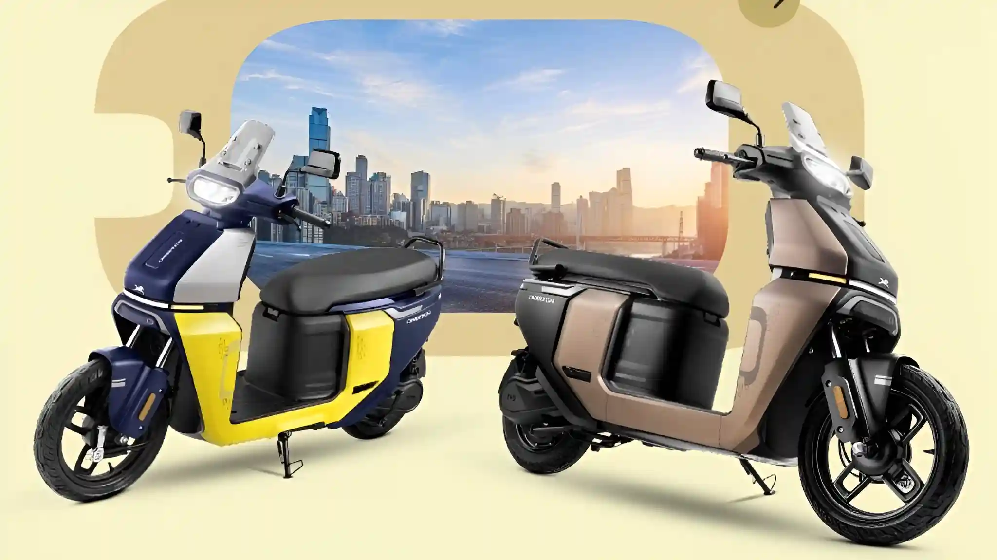 A blue and yellow TVS Orbiter next to a brown TVS Orbiter, two color options for the new electric scooter.