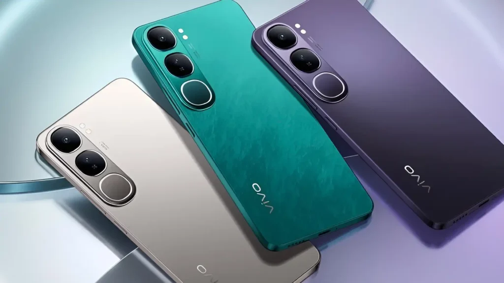 The Vivo Y300 5G in vibrant green, purple, and silver, showing its sleek design and camera array