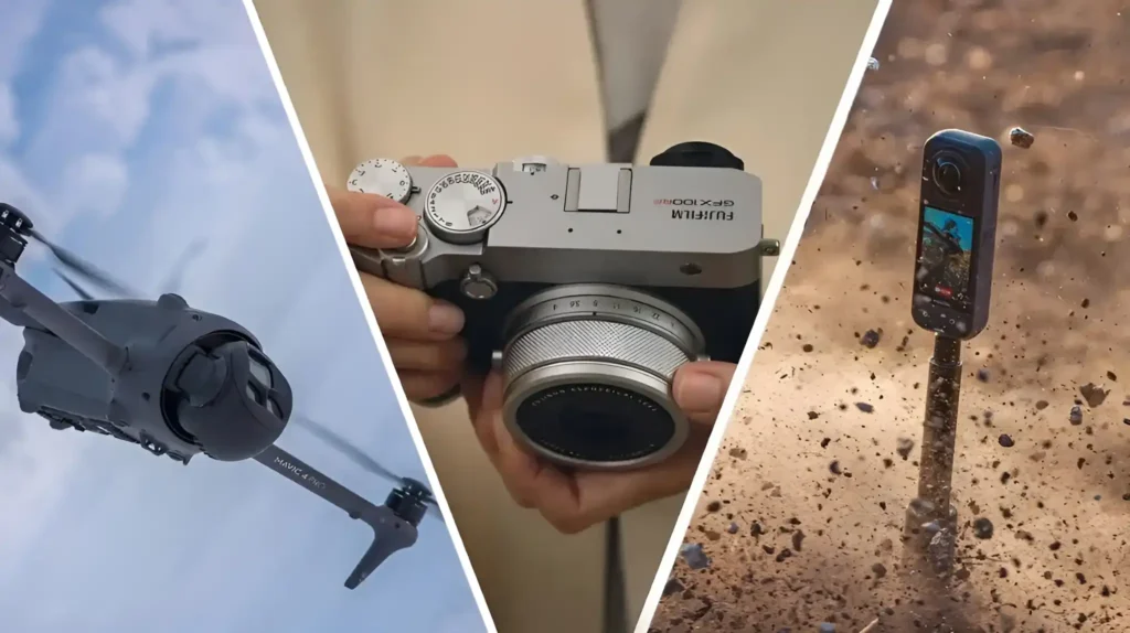A split image showing a DJl Mavic drone, a person holding a Fujifilm GFX camera, and an Insta360 camera.