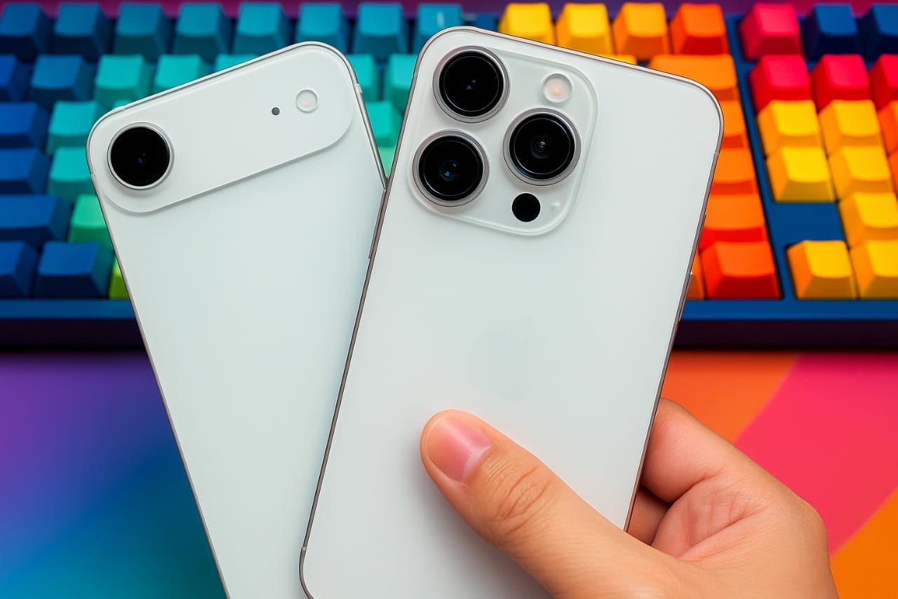 Hand holding iPhone 17 Air and iPhone 17 Pro