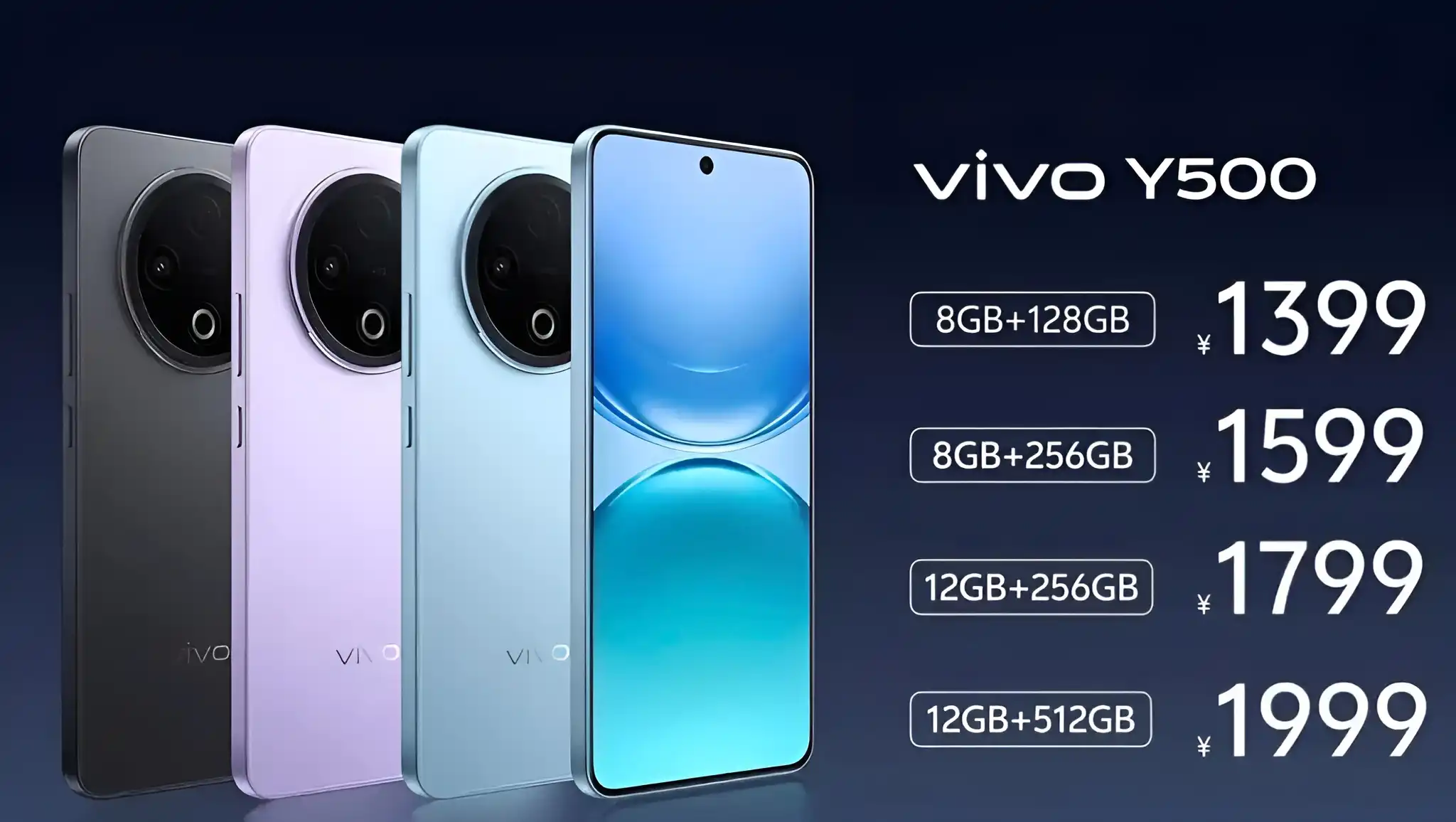 The vivo Y500 smartphone in black,
purple, and blue, with a price list showing four models and their corresponding prices in Chinese Yuan.