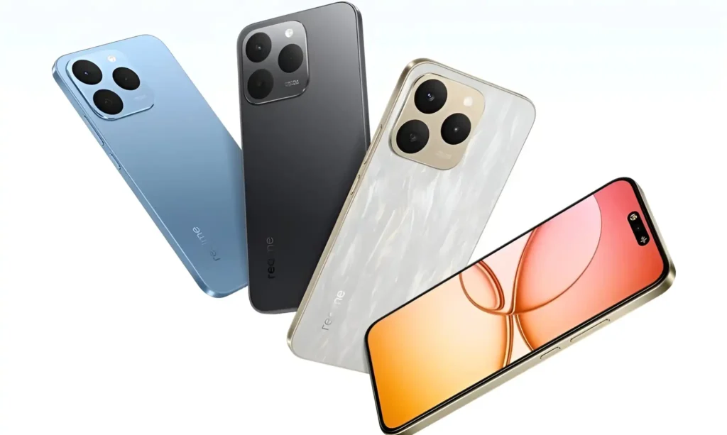 Realme 15t smartphones in multiple colors: blue, black, white, and a front view.