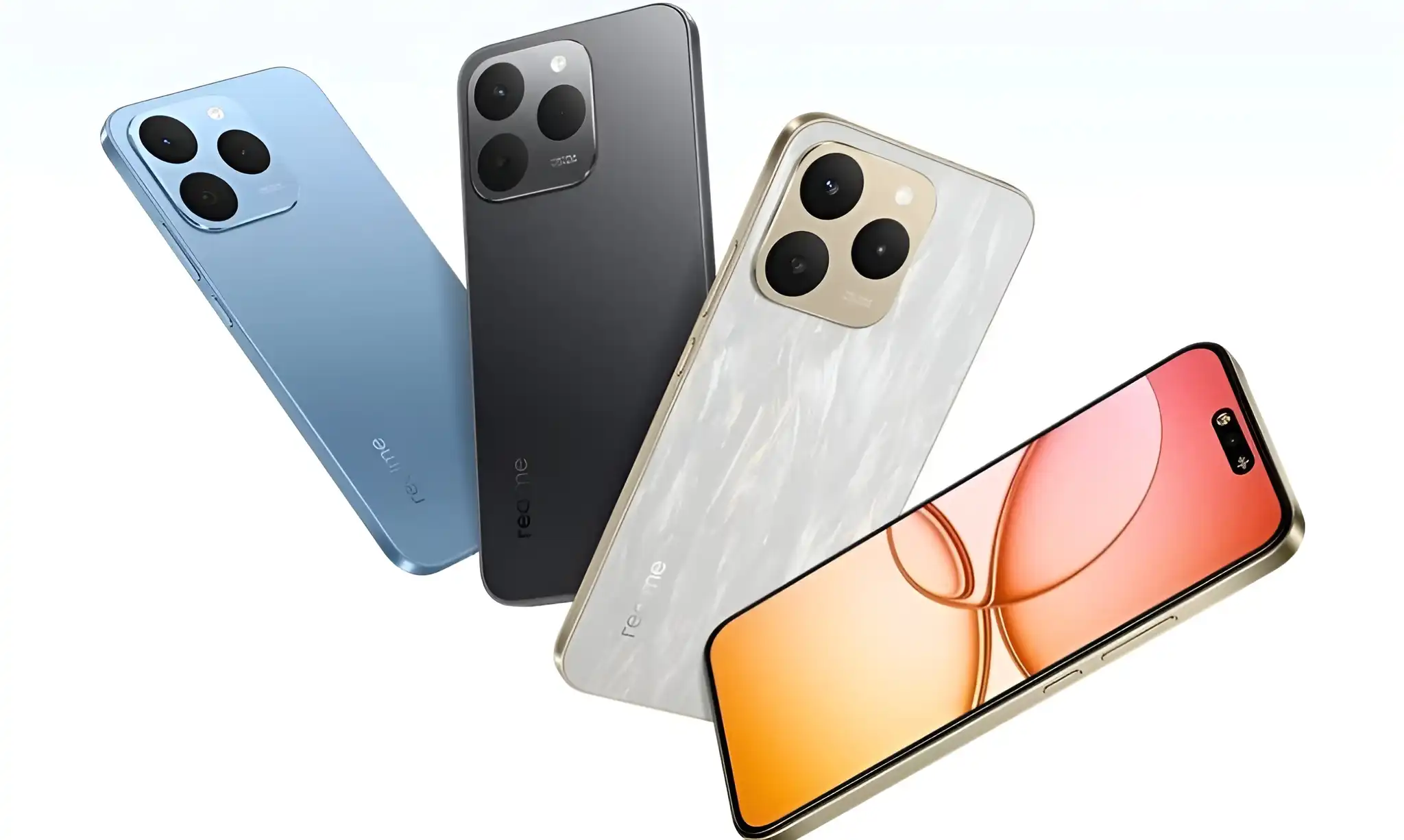 Realme 15t smartphones in multiple colors: blue, black, white, and a front view.