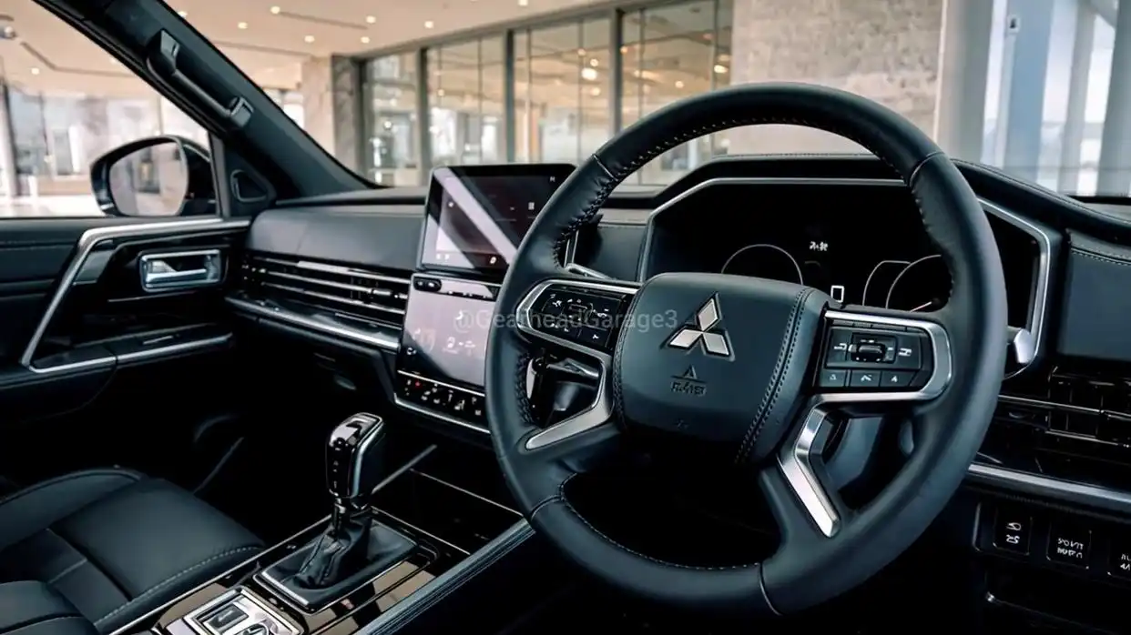 The premium interior of the 2026 Mitsubishi Pajero, featuring a black leather steering wheel, digital dashboard, and a large central touchscreen display.