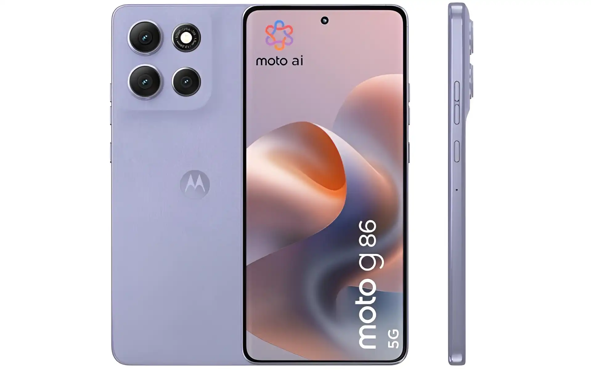 Purple Motorola Moto G86 5G with Moto Al, shown from back, front, and side views.