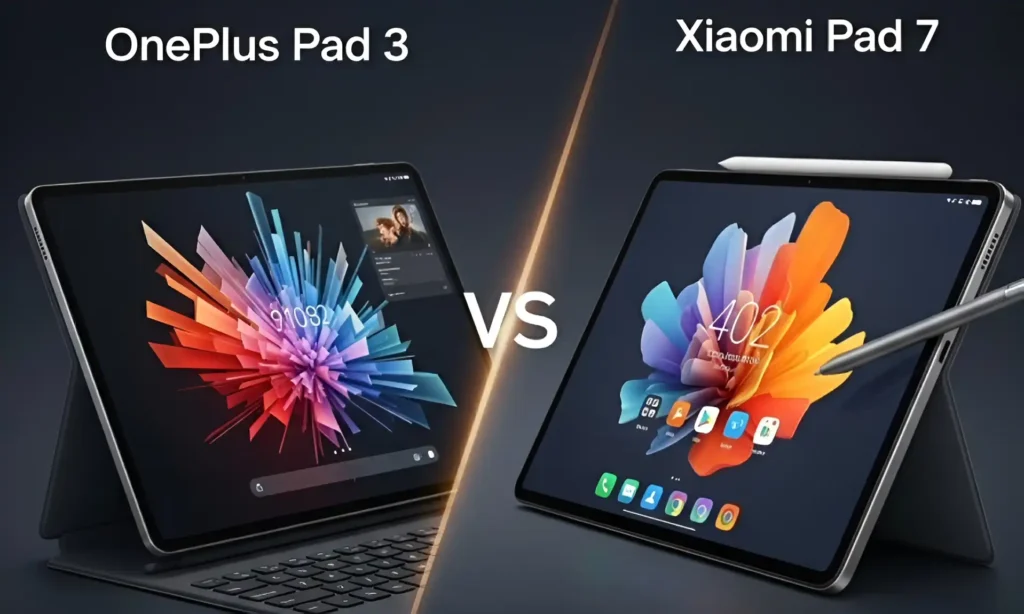 OnePlus Pad 3 vs Xiaomi Pad 7 comparison showcasing design, display, and productivity features.