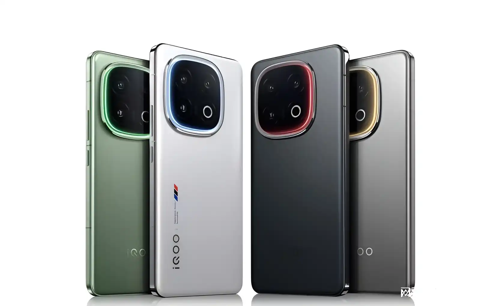 iQOO 15 5G smartphones in green, white, black, and grey with triple camera design, highlighting premium colors and style