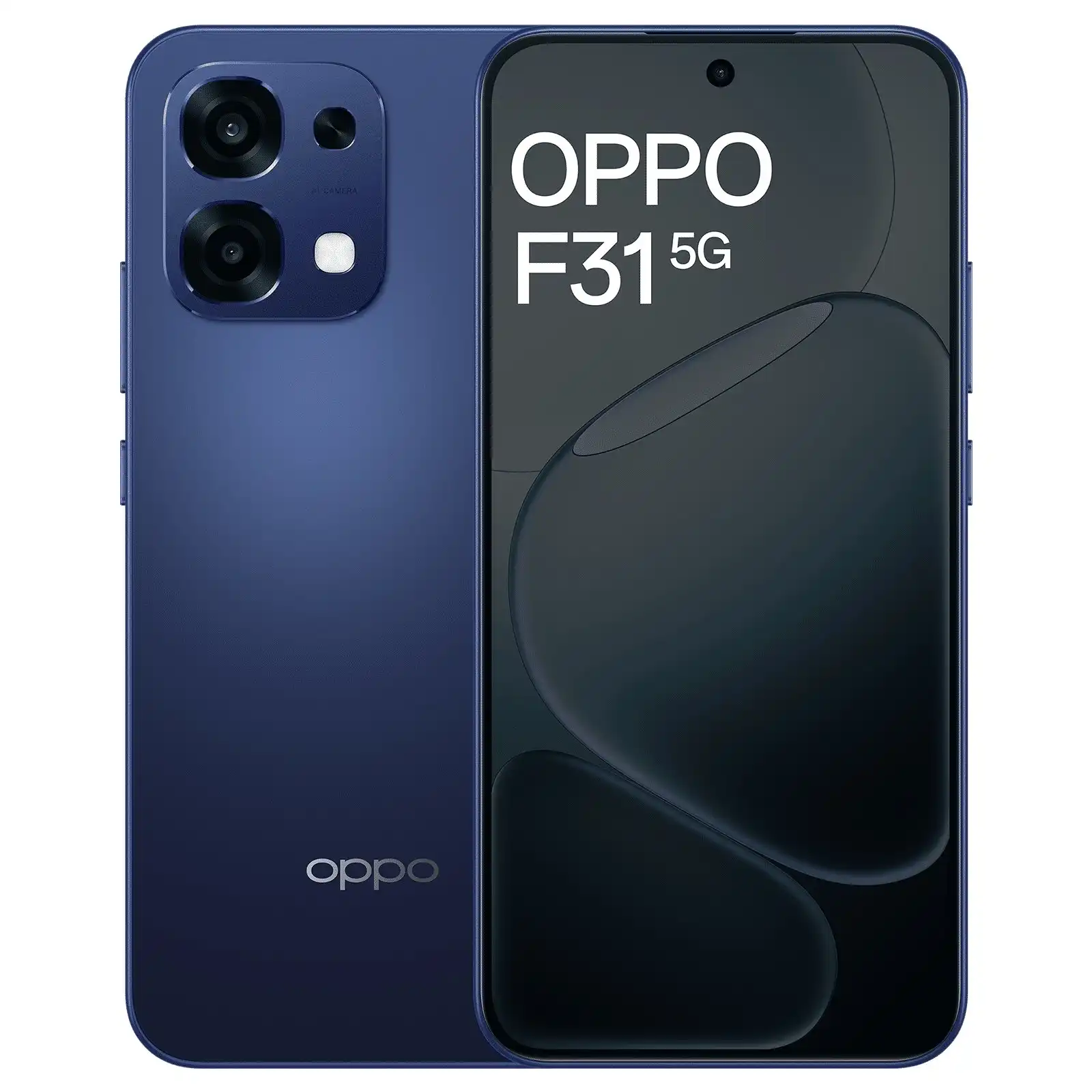 Oppo F31 5G smartphone in blue color with dual rear cameras and punch-hole display, showcasing sleek modern design.