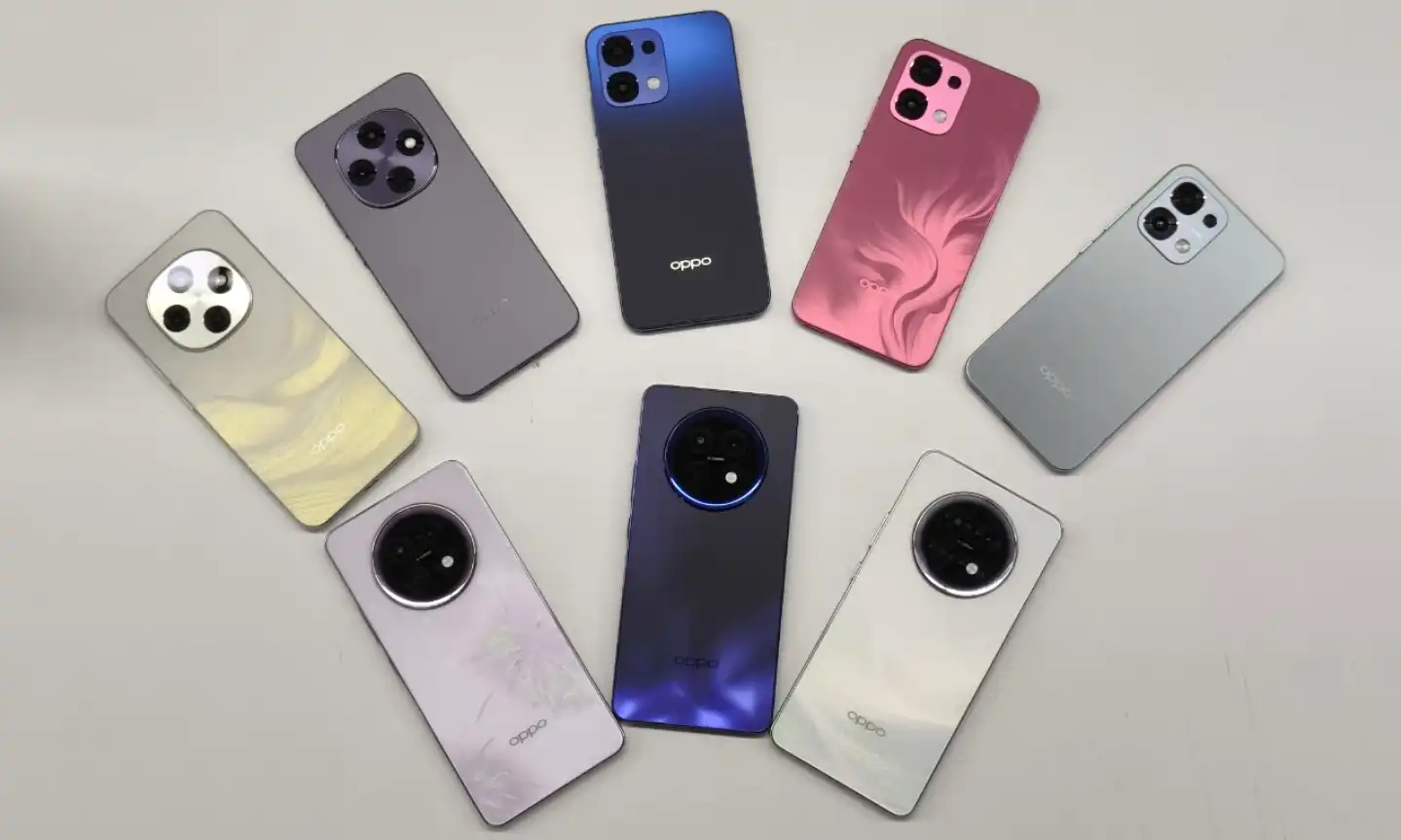 Oppo F31 5G series smartphones displayed in multiple colors and designs, showcasing circular and square camera modules.