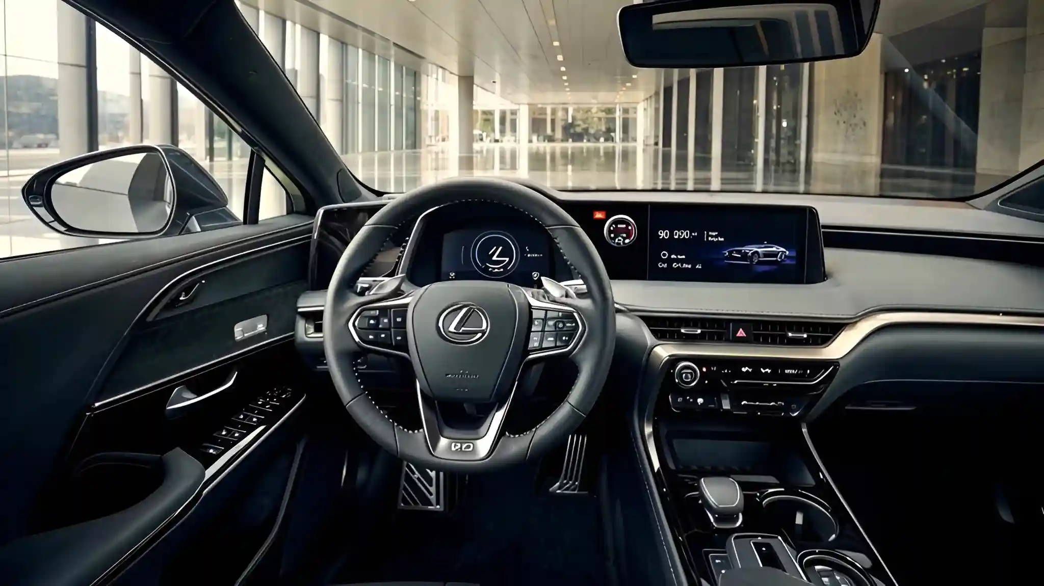 2026 Lexus NX interior with digital cockpit, leather steering wheel, OLED display, and premium modern dashboard design