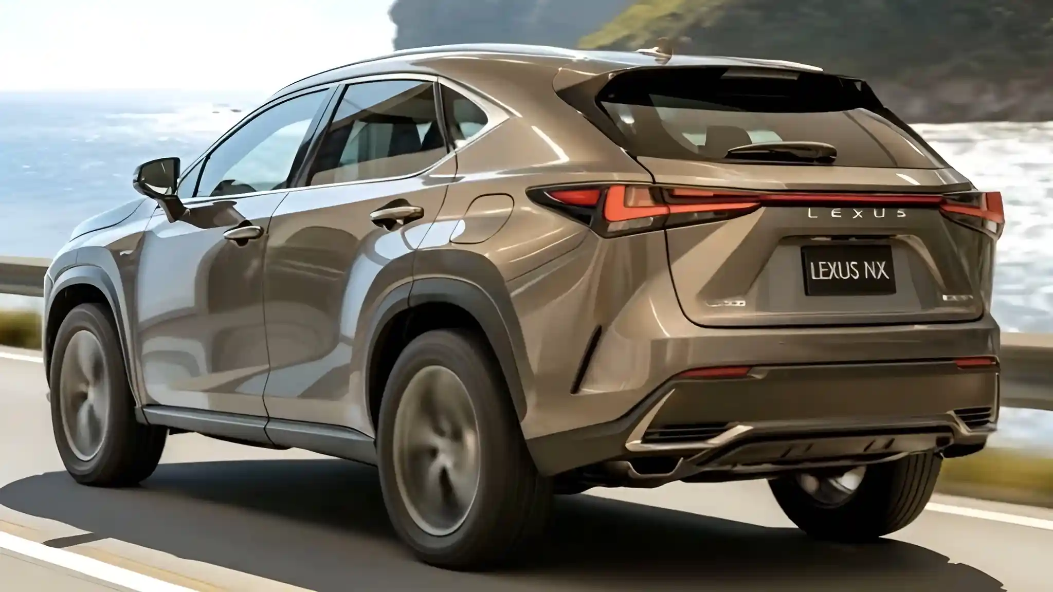 2026 Lexus NX rear view showcasing sleek LED taillight bar, bold LEXUS lettering, and sporty SUV design driving by the coast
