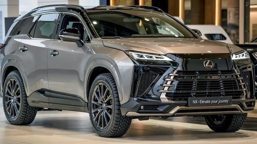 2026 Lexus NX luxury SUV with bold spindle grille, sharp LED headlights, and sporty 20-inch wheels showcased indoors