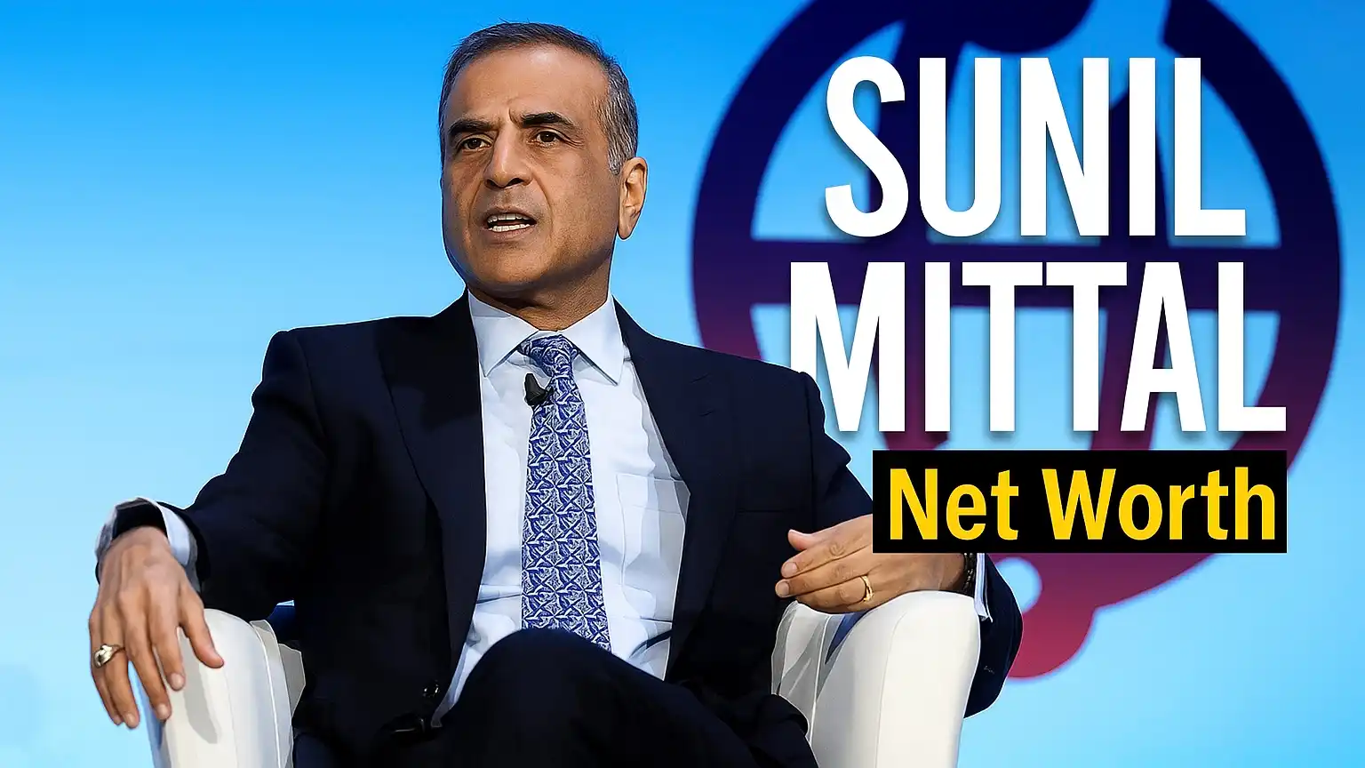 Businessman speaking on stage with “Sunil Mittal Net Worth” text overlay