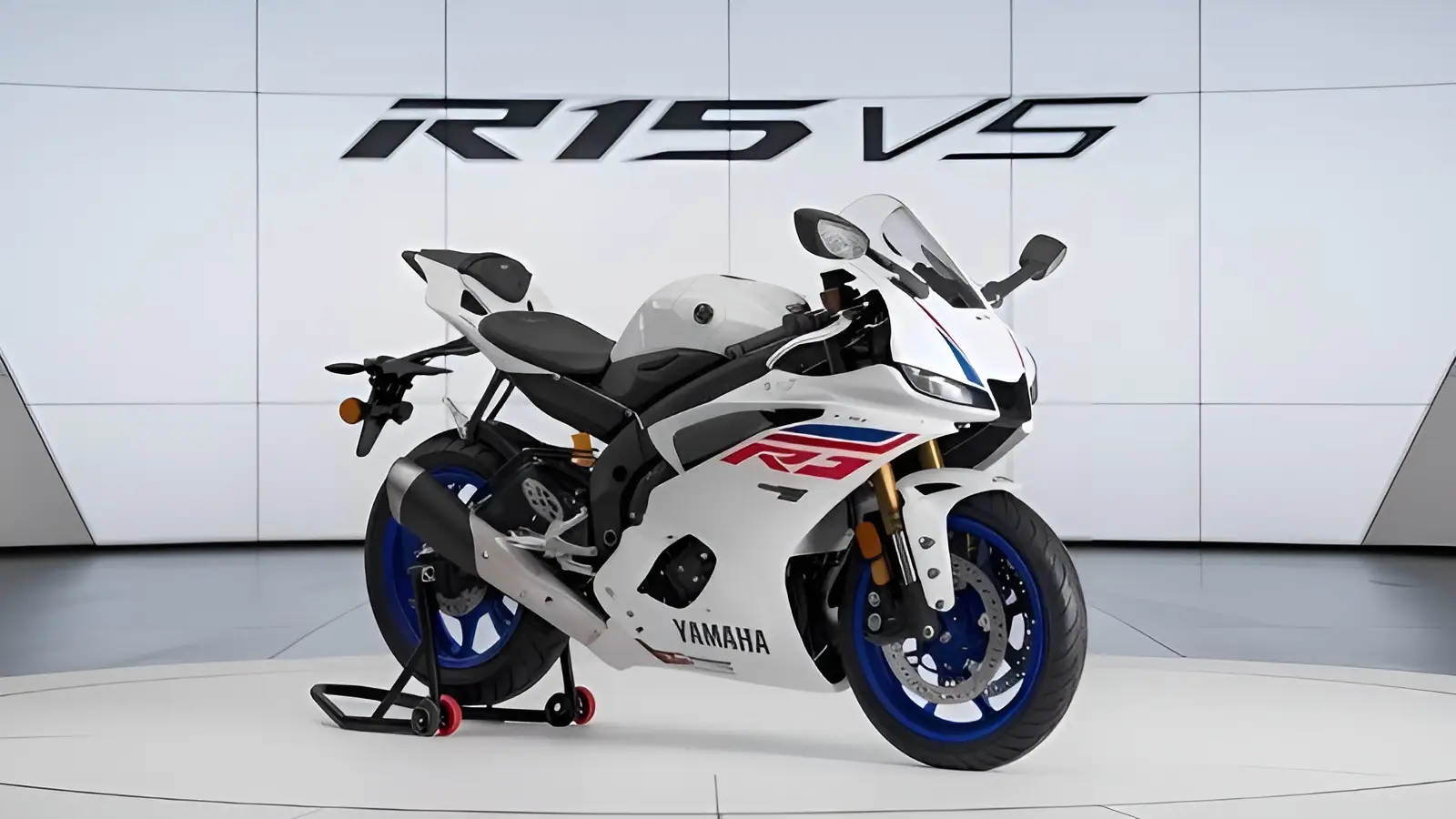 Yamaha R15 V5 2025 in White Racing Blue edition showcased with sporty design and alloy wheels in India launch