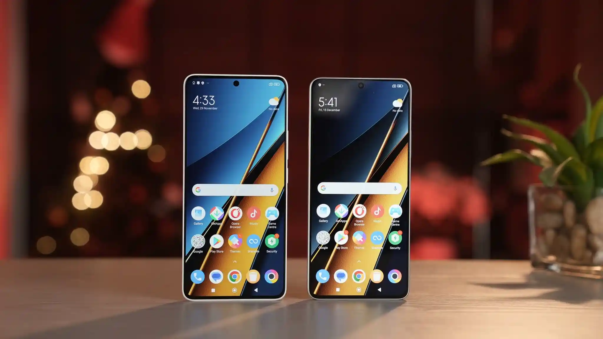 Poco X6 Pro 5G with 6.67-inch AMOLED display and slim bezels showcased on a desk with vibrant home screens.