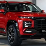 Mahindra Scorpio N 2025 in striking red with bold design and modern LED headlights showcased indoors