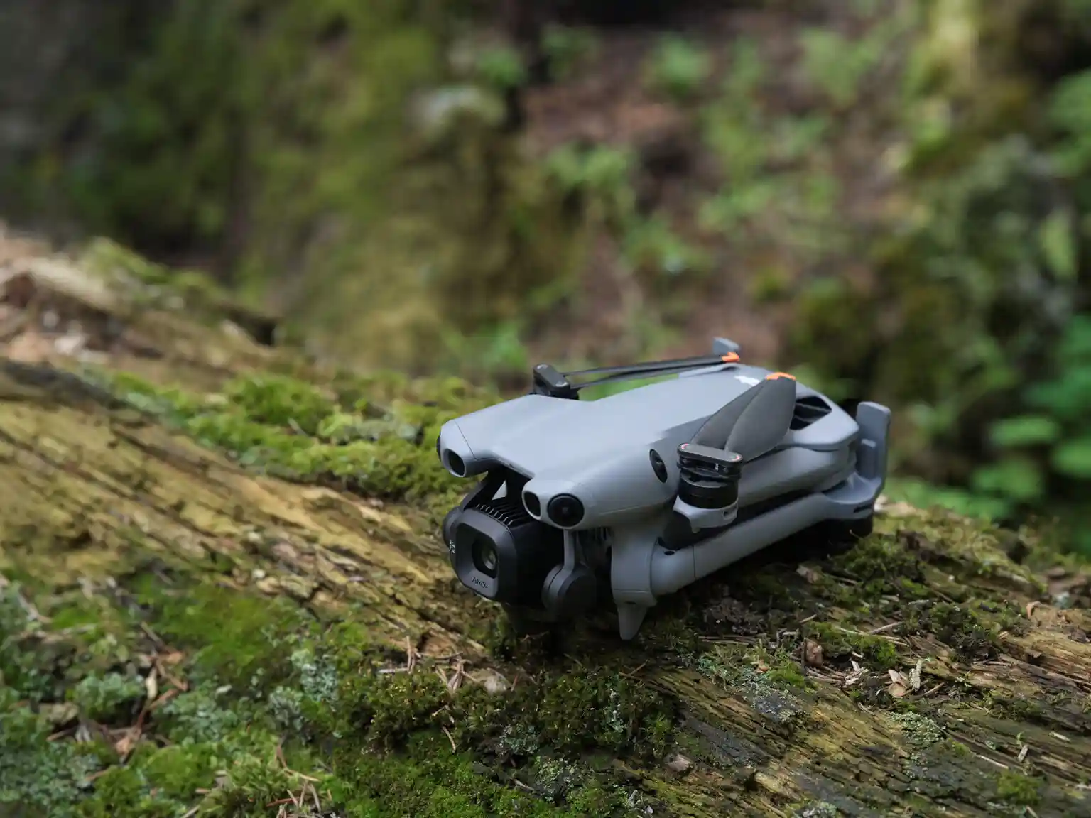 Folded DJI Mini 5 Pro drone placed on a mossy tree trunk, highlighting its compact and portable design for travel