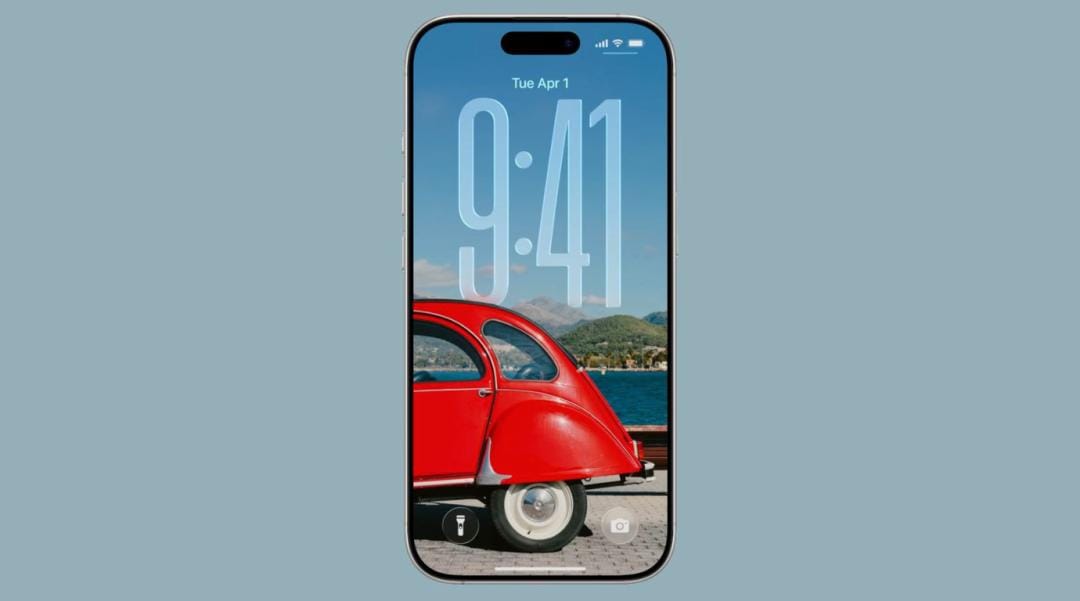 iPhone Lock Screen showing the Wallpaper Depth Effect with a red car overlapping the time display