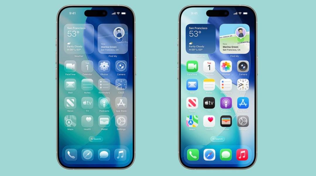 Two iPhone Home Screens side-by-side, showcasing app icons, a Weather widget, and a personalized Contact Widget.