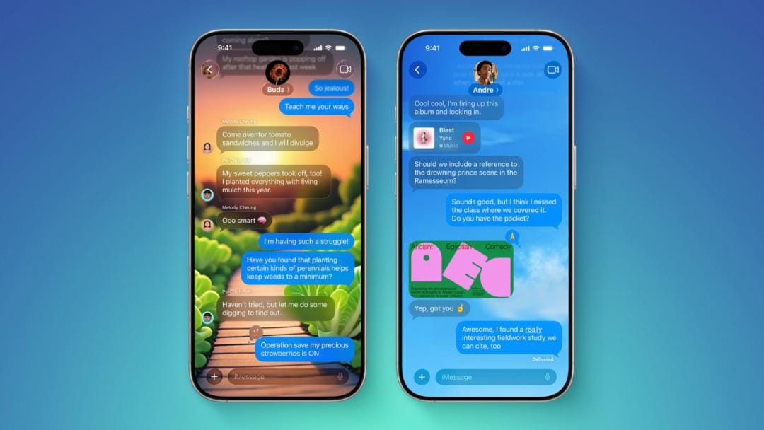 Two iPhones displaying the iMessage app with conversations and custom chat backgrounds in the thread