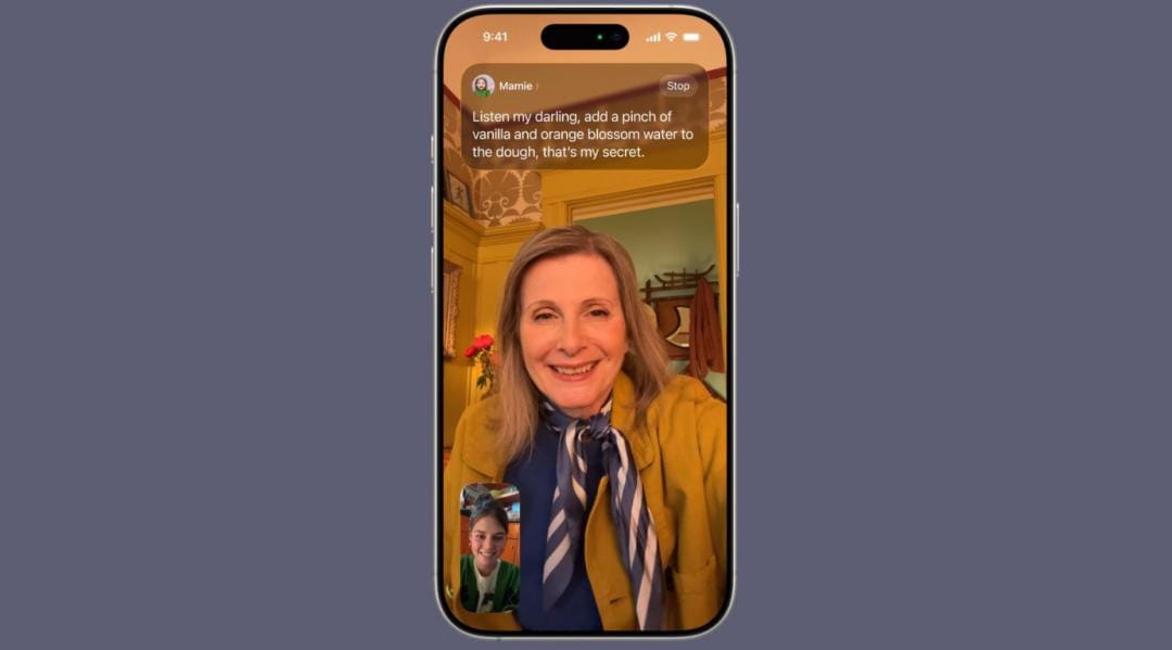 FaceTime video call on an iPhone showing Live Captions transcribing the woman's speech in real-time.