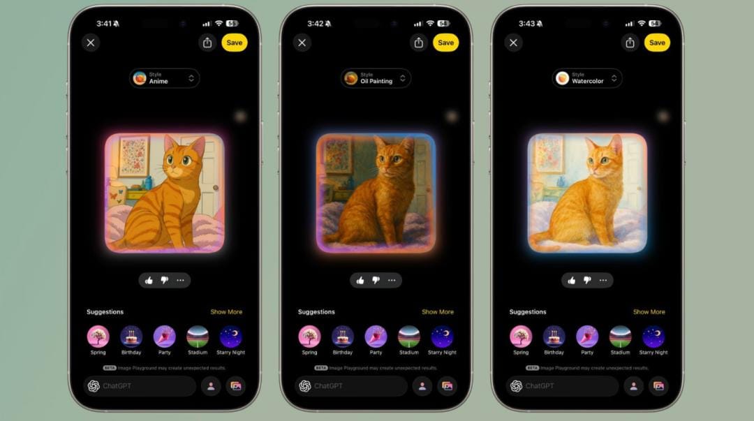 AI image generation on an iPhone using ChatGPT, showing a cat in Anime, Oil Painting, and Watercolor styles.