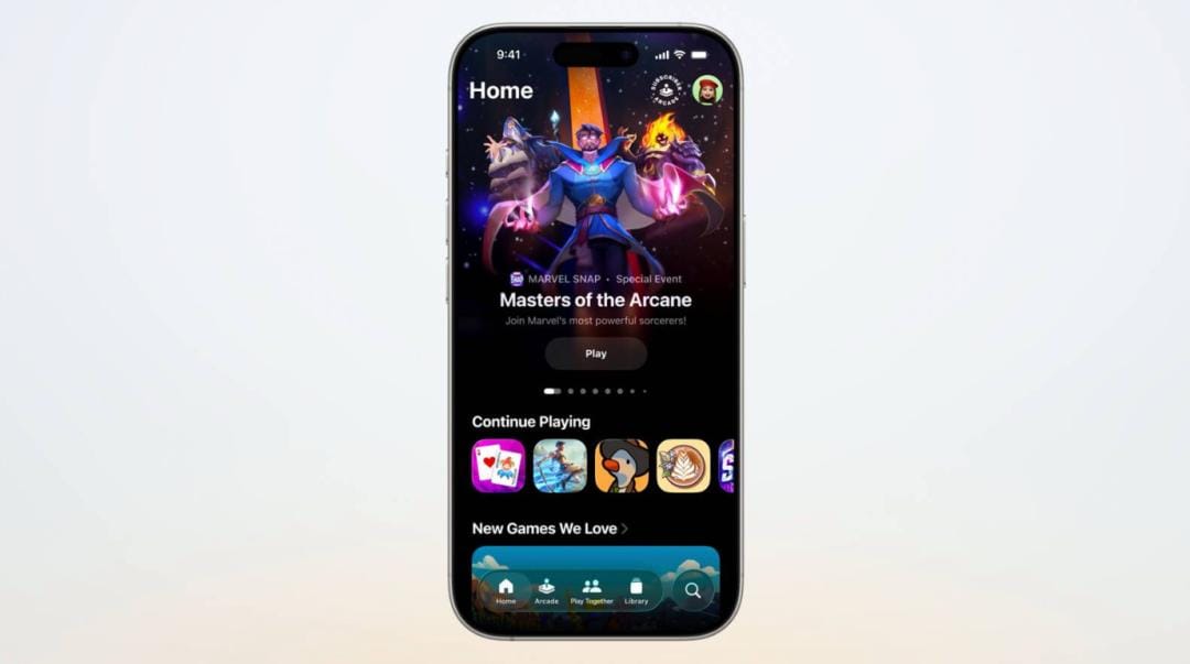 Apple Arcade Home screen on an iPhone, featuring a Marvel Snap 'Masters of the Arcane' special event.