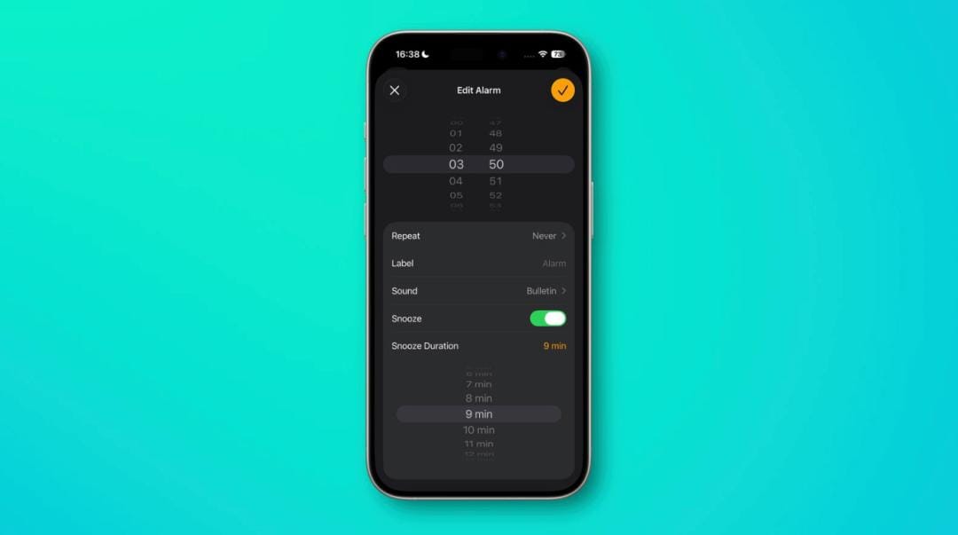 iPhone Clock app "Edit Alarm" screen showing options for Repeat, Label, Sound, Snooze, and Snooze Duration.