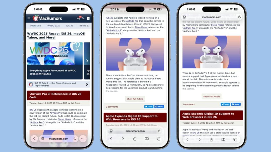 Screenshots of MacRumors articles mentioning iOS 26 and AirPods Pro 3 in the code.