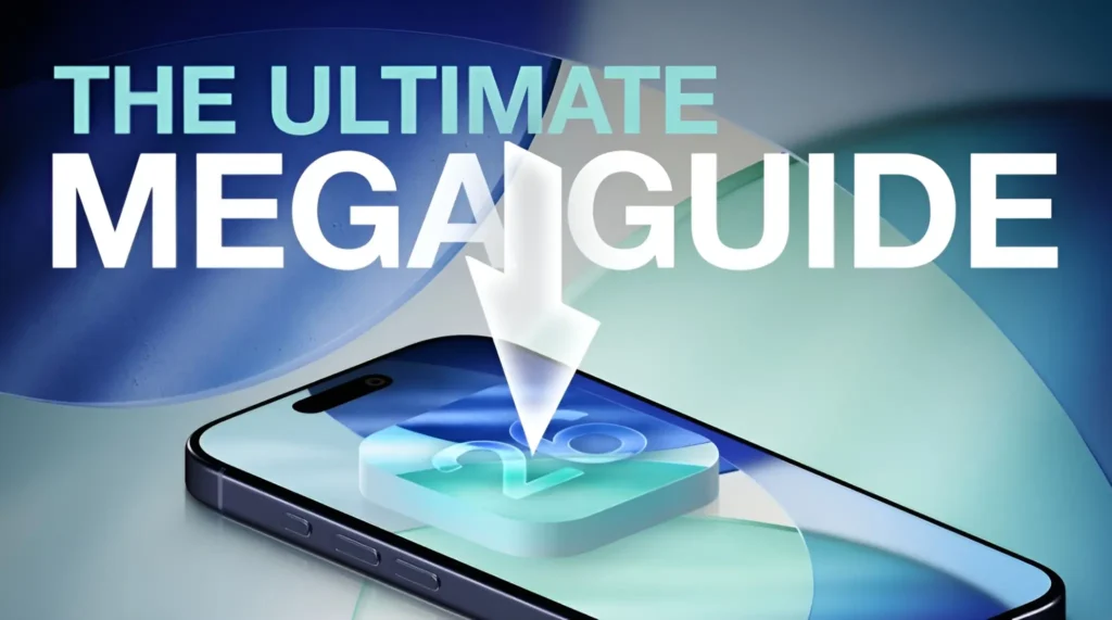 The ultimate mega guide to ios 26, featuring a graphic of an iPhone displaying the "26" icon.