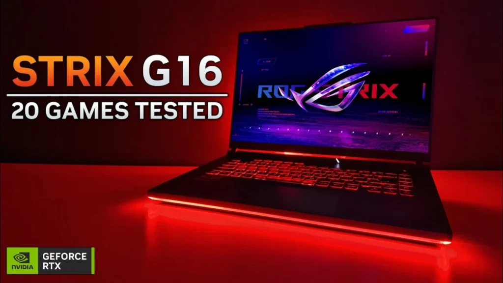ROG Strix G16 gaming laptop in a red and black setting with "20 GAMES TESTED" text.