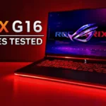ROG Strix G16 gaming laptop in a red and black setting with "20 GAMES TESTED" text.
